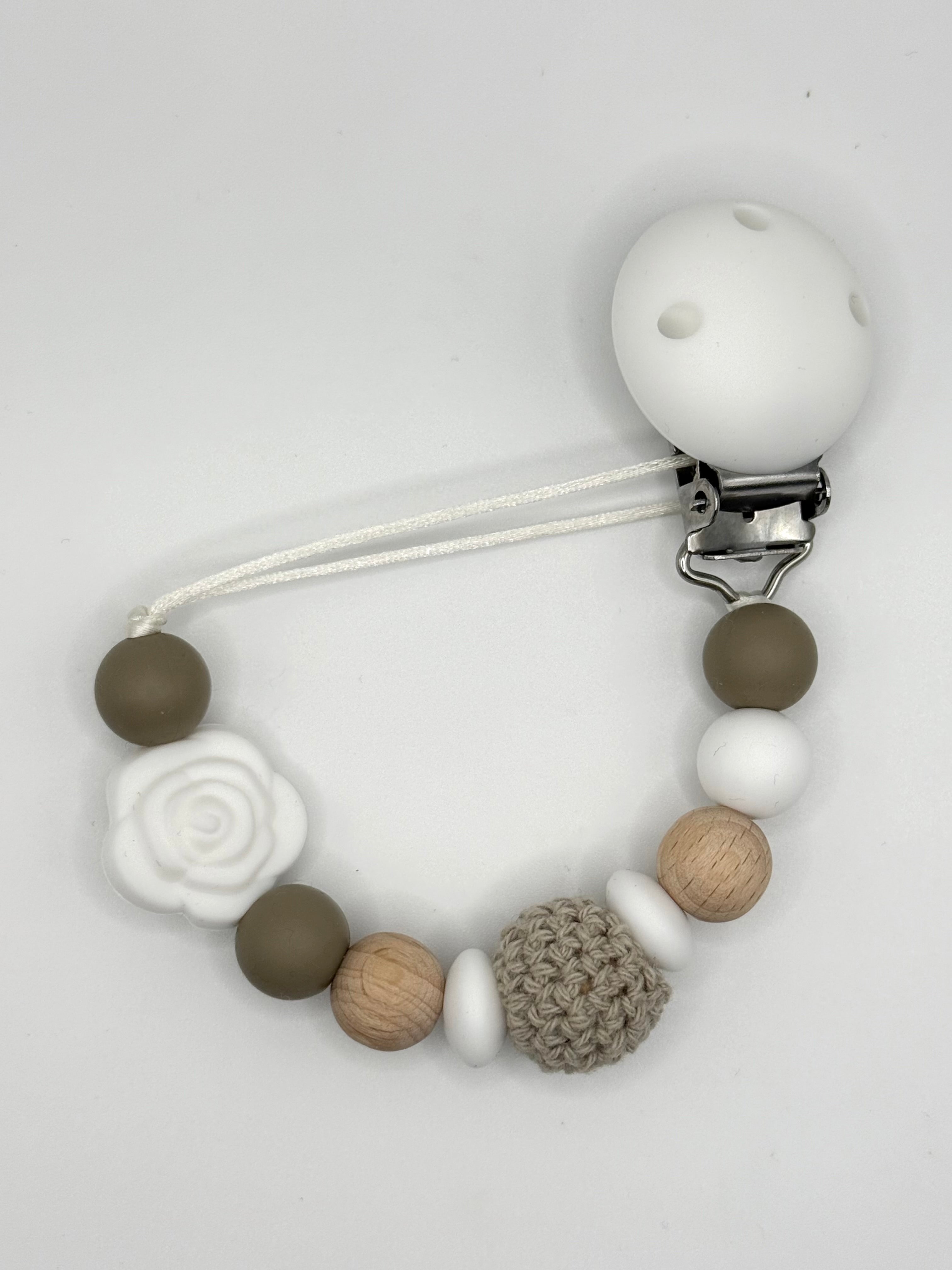 Attache-suces blanche - laine grise et fleur