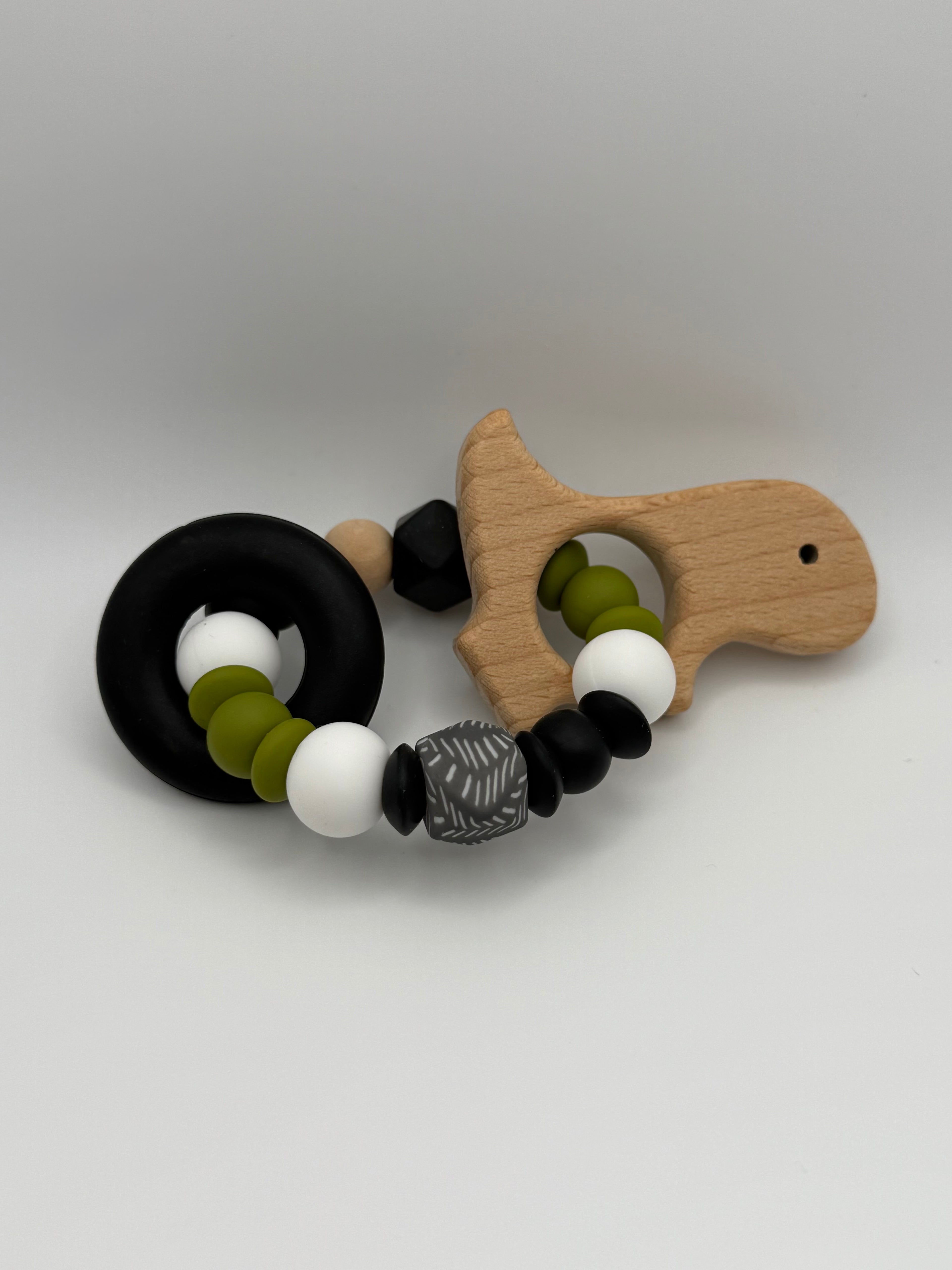 Anneau de silicone et dino en bois - vert