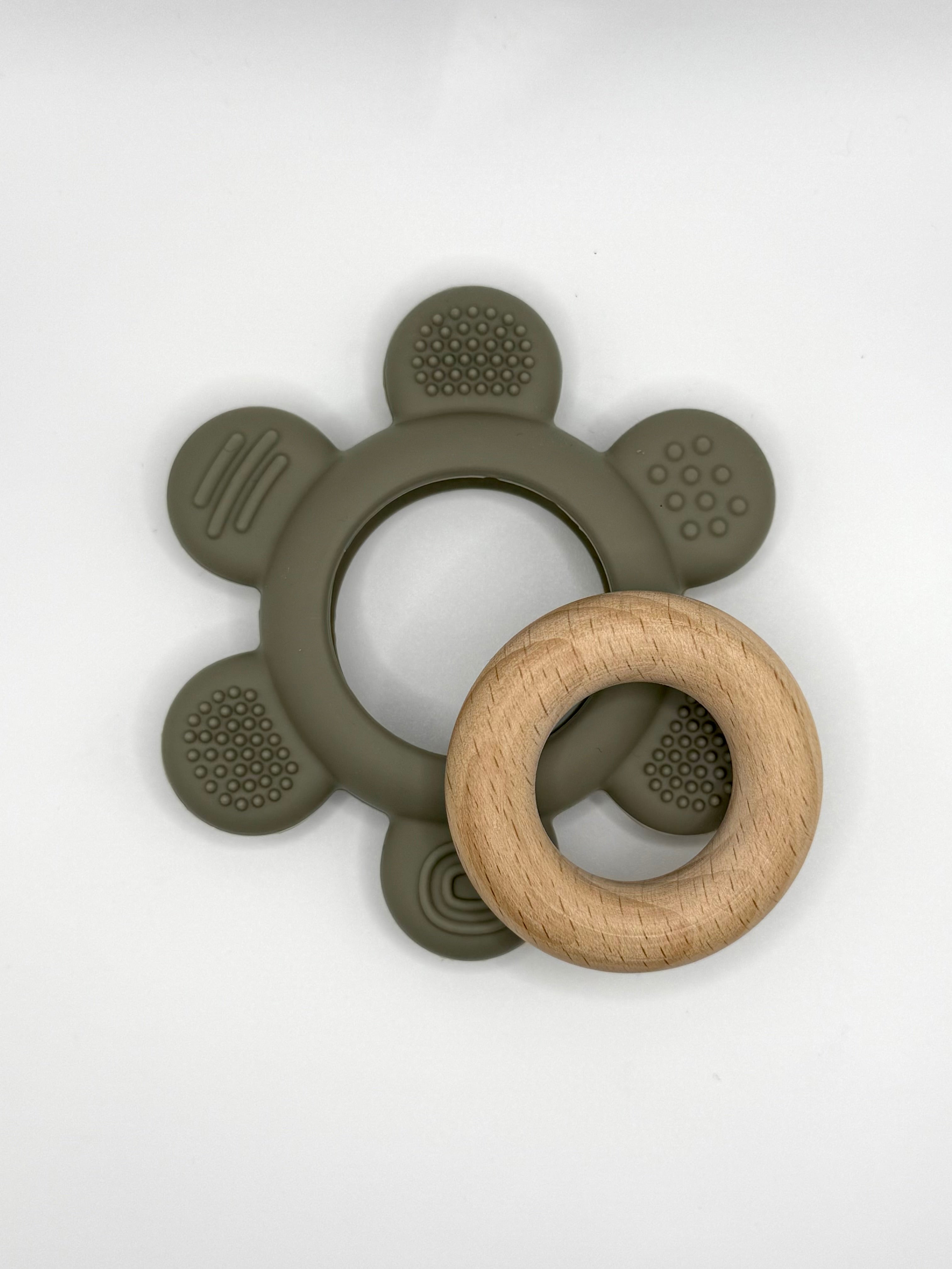 Jouet de dentition - Fleur en silicone et anneau de bois